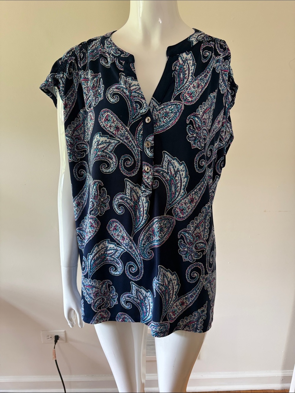 Navy Paisley Cap-Sleeve Button-Front Blouse Short Sleeve